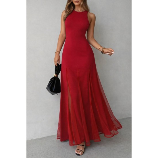 Kadın Askılı Bisiklet Yaka Etek Ucu Tül Detaylı Asimetrik Kiloş Uzun Ithal Krep Elbise , 31864