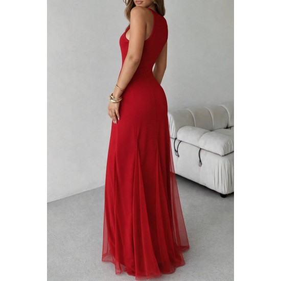 Kadın Askılı Bisiklet Yaka Etek Ucu Tül Detaylı Asimetrik Kiloş Uzun Ithal Krep Elbise , 31864