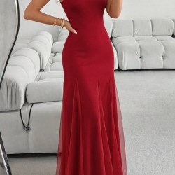 Kadın Askılı Bisiklet Yaka Etek Ucu Tül Detaylı Asimetrik Kiloş Uzun Ithal Krep Elbise , 31864