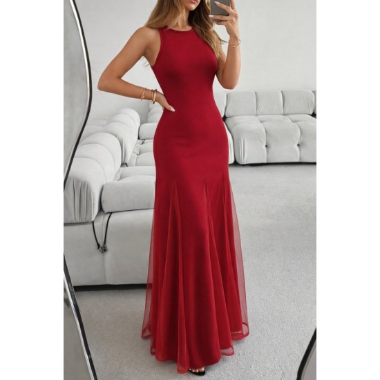 Kadın Askılı Bisiklet Yaka Etek Ucu Tül Detaylı Asimetrik Kiloş Uzun Ithal Krep Elbise , 31864