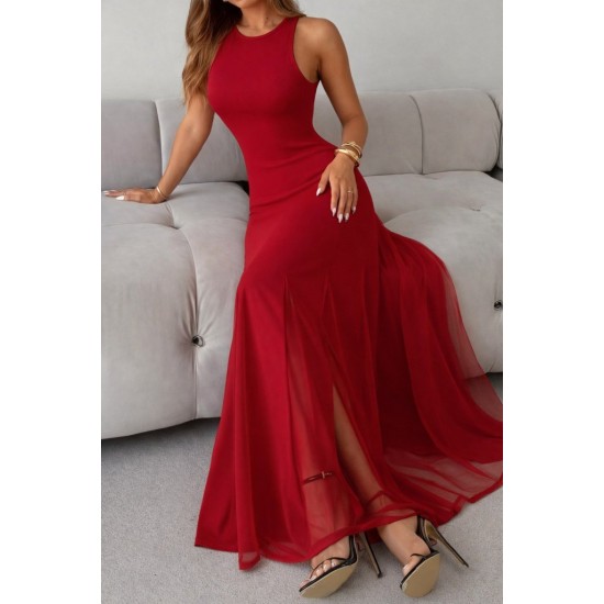 Kadın Askılı Bisiklet Yaka Etek Ucu Tül Detaylı Asimetrik Kiloş Uzun Ithal Krep Elbise , 31864