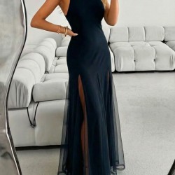 Kadın Askılı Bisiklet Yaka Etek Ucu Tül Detaylı Asimetrik Kiloş Uzun Ithal Krep Elbise , 31862