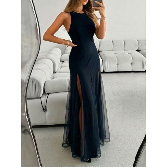 Kadın Askılı Bisiklet Yaka Etek Ucu Tül Detaylı Asimetrik Kiloş Uzun Ithal Krep Elbise , 31862