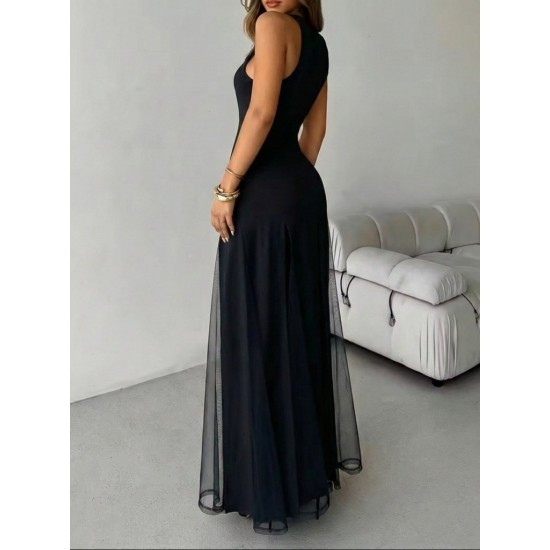 Kadın Askılı Bisiklet Yaka Etek Ucu Tül Detaylı Asimetrik Kiloş Uzun Ithal Krep Elbise , 31862