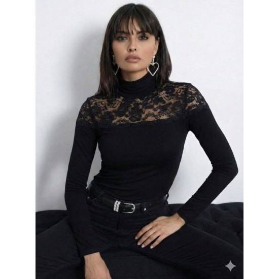 Kadın Uzun Kollu Balıkçı Yaka Dantelli Kaşkorse Bluz , 31865