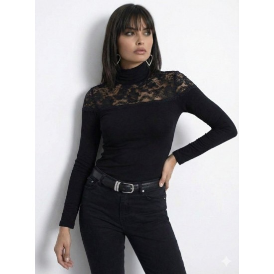 Kadın Uzun Kollu Balıkçı Yaka Dantelli Kaşkorse Bluz , 31865