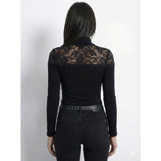 Kadın Uzun Kollu Balıkçı Yaka Dantelli Kaşkorse Bluz , 31865