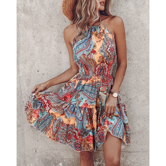 Kadın Beli Gipeli Boyundan Bağlamalı Desenli Süprem Mini Elbise, 31880