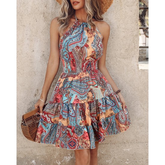 Kadın Beli Gipeli Boyundan Bağlamalı Desenli Süprem Mini Elbise, 31880