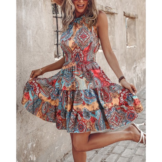 Kadın Beli Gipeli Boyundan Bağlamalı Desenli Süprem Mini Elbise, 31880