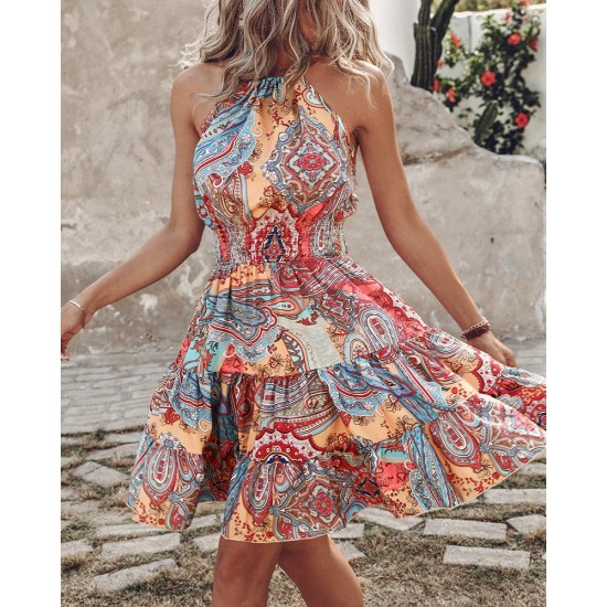 Kadın Beli Gipeli Boyundan Bağlamalı Desenli Süprem Mini Elbise, 31880