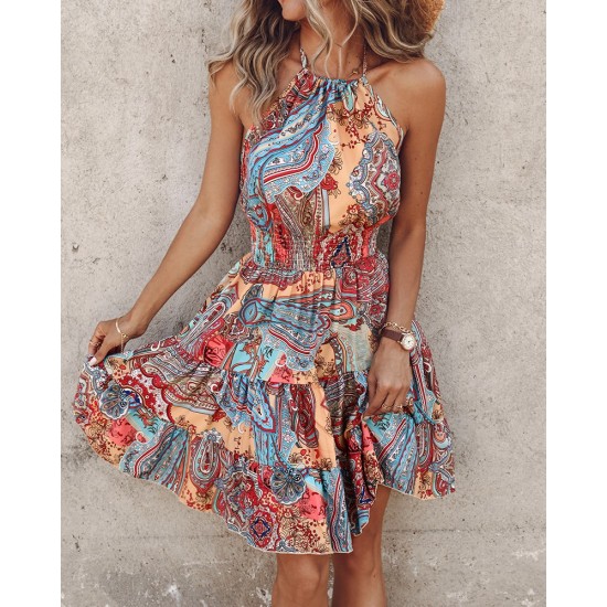 Kadın Beli Gipeli Boyundan Bağlamalı Desenli Süprem Mini Elbise, 31880