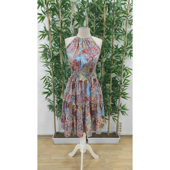 Kadın Beli Gipeli Boyundan Bağlamalı Desenli Süprem Mini Elbise, 31880