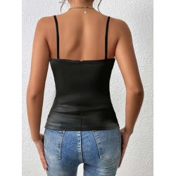 Kadın Ip Askılı Geniş V Yakalı Deri Bluz, 31879