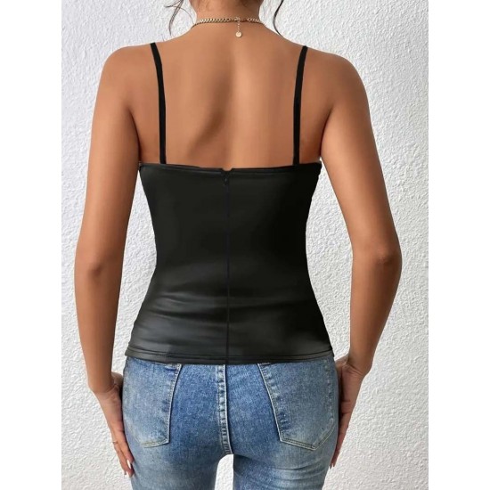 Kadın Ip Askılı Geniş V Yakalı Deri Bluz, 31879