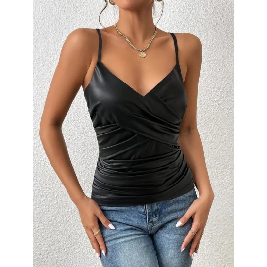 Kadın Ip Askılı Geniş V Yakalı Deri Bluz, 31879