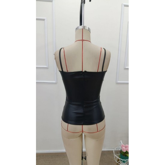 Kadın Ip Askılı Geniş V Yakalı Deri Bluz, 31879