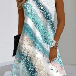 Kadın Askılı Yuvarlak Yakalı Desenli Kısa Süprem Elbise , 31872