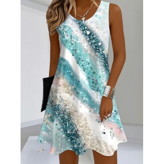 Kadın Askılı Yuvarlak Yakalı Desenli Kısa Süprem Elbise , 31872