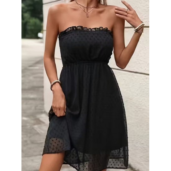 Kadın Omuzlardan Açık Madonna Yaka Kısa Ponponlu şifon Elbise , 31895