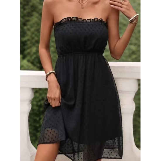 Kadın Omuzlardan Açık Madonna Yaka Kısa Ponponlu şifon Elbise , 31895