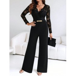 Women' S Long-sleeved, Wrap-neck, Lace Jumpsuit With Buckle Detail At The Front, Imported Crepe Jumpsuit., 31894