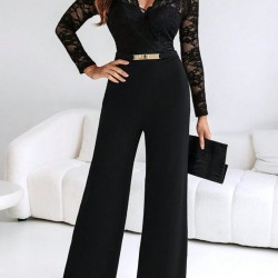 Kadın Uzun Kollu Kruvaze Yakalı Dantelli önünde Toka Detaylı Uzun Ithal Krep Tulum, 31894 Kadın Uzun Kollu Kruvaze Yakalı Dantelli önünde Toka Detaylı Uzun Ithal Krep Tulum, 31894