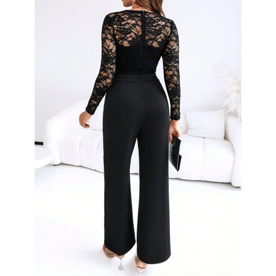 Kadın Uzun Kollu Kruvaze Yakalı Dantelli önünde Toka Detaylı Uzun Ithal Krep Tulum, 31894