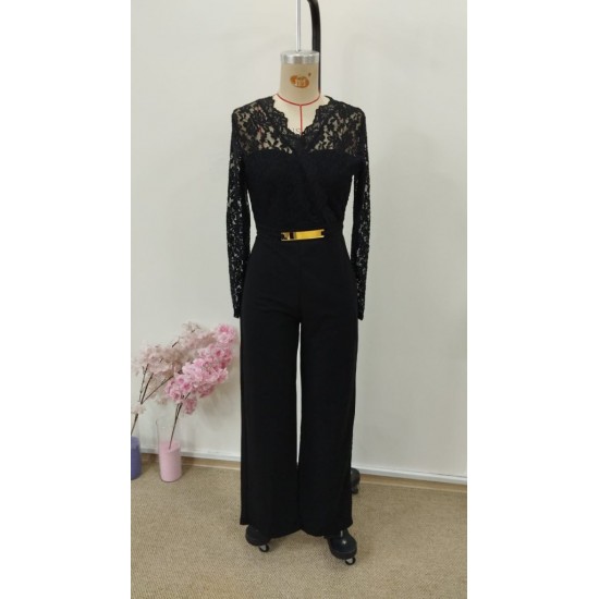 Kadın Uzun Kollu Kruvaze Yakalı Dantelli önünde Toka Detaylı Uzun Ithal Krep Tulum, 31894