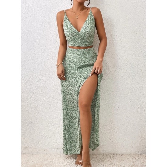 Kadın Ip Askılı Kruvaze Yakalı Desenli Süprem Krop Bluz Ve Yırtmaçlı Uzun Etek Ikili Takım , 31885