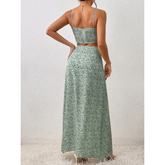 Kadın Ip Askılı Kruvaze Yakalı Desenli Süprem Krop Bluz Ve Yırtmaçlı Uzun Etek Ikili Takım , 31885