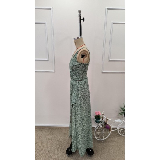 Kadın Ip Askılı Kruvaze Yakalı Desenli Süprem Krop Bluz Ve Yırtmaçlı Uzun Etek Ikili Takım , 31885