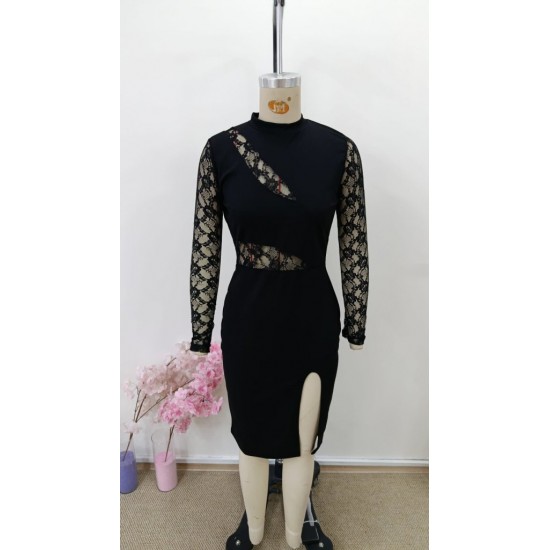 Kadın Uzun Kollu Balıkçı Yaka Göğüs Beli Dekolte Dantel Detaylı Yandan Yırtmaçlı Mini Ithal Krep Elbise , 31896