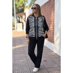 Women' S Long-sleeved, Front-zip Leopard-print Viscose Two-thread Blouse And Trousers Two-piece Set. , 31913
