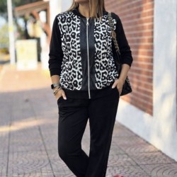 Kadın Uzun Kollu önden Fermuarlı Leopar Desenli Viskon Iki Iplik Bluz Ve Pantolon Ikili Takım , 31913