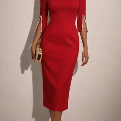 Kadın Kısa Yırtmaç Kollu Inci Detaylı Yuvarlak Yaka Midi Ithal Krep Elbise , 31912