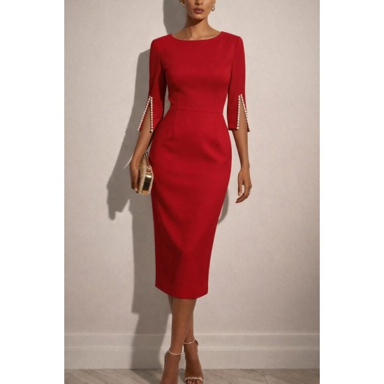 Kadın Kısa Yırtmaç Kollu Inci Detaylı Yuvarlak Yaka Midi Ithal Krep Elbise , 31912