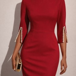 Kadın Kısa Yırtmaç Kollu Inci Detaylı Yuvarlak Yaka Midi Ithal Krep Elbise , 31912