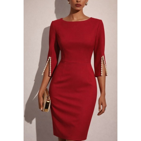 Kadın Kısa Yırtmaç Kollu Inci Detaylı Yuvarlak Yaka Midi Ithal Krep Elbise , 31912