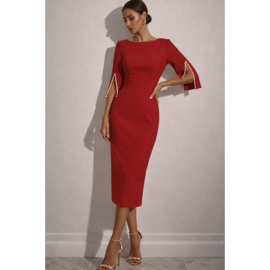 Kadın Kısa Yırtmaç Kollu Inci Detaylı Yuvarlak Yaka Midi Ithal Krep Elbise , 31912