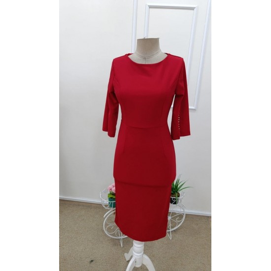 Kadın Kısa Yırtmaç Kollu Inci Detaylı Yuvarlak Yaka Midi Ithal Krep Elbise , 31912