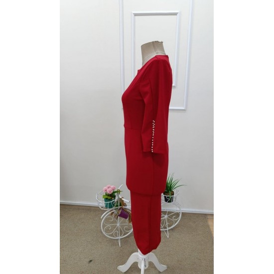 Kadın Kısa Yırtmaç Kollu Inci Detaylı Yuvarlak Yaka Midi Ithal Krep Elbise , 31912