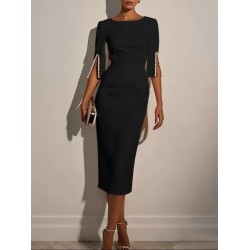 Kadın Kısa Yırtmaç Kollu Inci Detaylı Yuvarlak Yaka Midi Ithal Krep Elbise , 31910