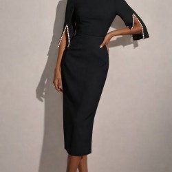 Kadın Kısa Yırtmaç Kollu Inci Detaylı Yuvarlak Yaka Midi Ithal Krep Elbise , 31910