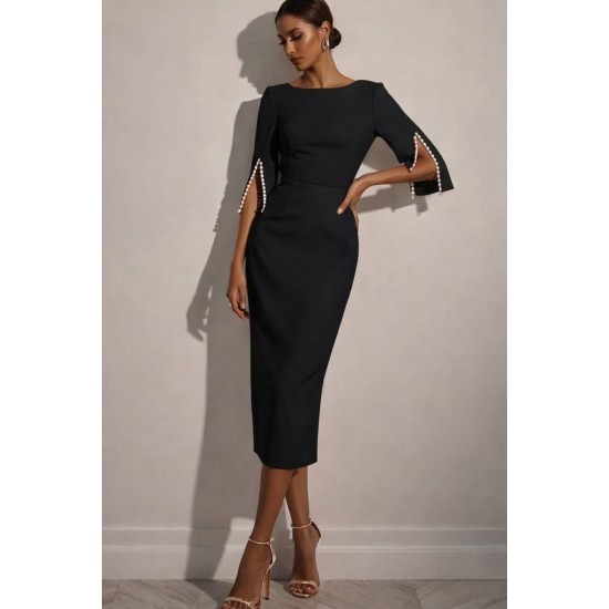 Kadın Kısa Yırtmaç Kollu Inci Detaylı Yuvarlak Yaka Midi Ithal Krep Elbise , 31910