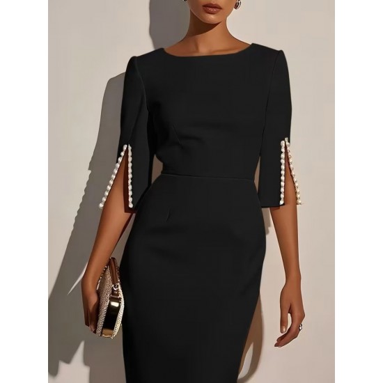 Kadın Kısa Yırtmaç Kollu Inci Detaylı Yuvarlak Yaka Midi Ithal Krep Elbise , 31910