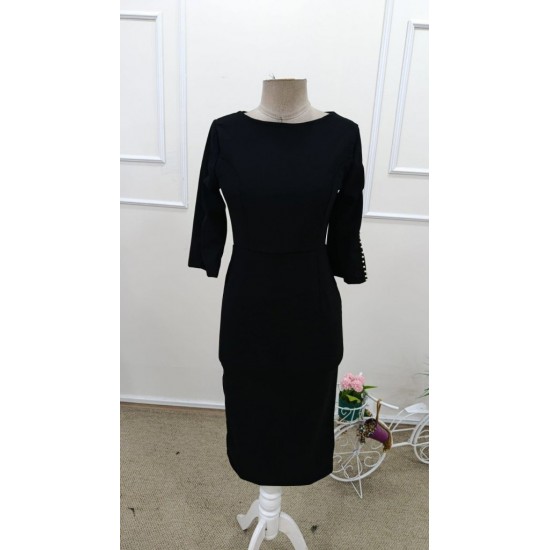 Kadın Kısa Yırtmaç Kollu Inci Detaylı Yuvarlak Yaka Midi Ithal Krep Elbise , 31910