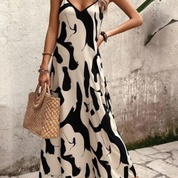 Kadın Ip Askılı V Yakalı Desenli Uzun Süprem Elbise , 31907