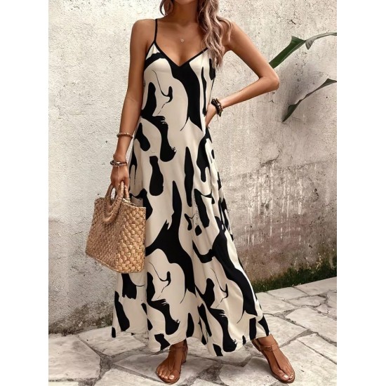 Kadın Ip Askılı V Yakalı Desenli Uzun Süprem Elbise , 31907