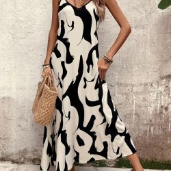 Kadın Ip Askılı V Yakalı Desenli Uzun Süprem Elbise , 31907